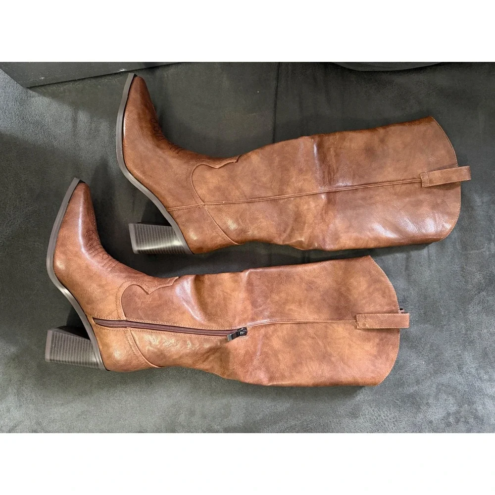 ISNOM Women Brown Knee High Western Cowboy Boots Pointed Toe Block Heel Size 6 - Picture 1 of 4